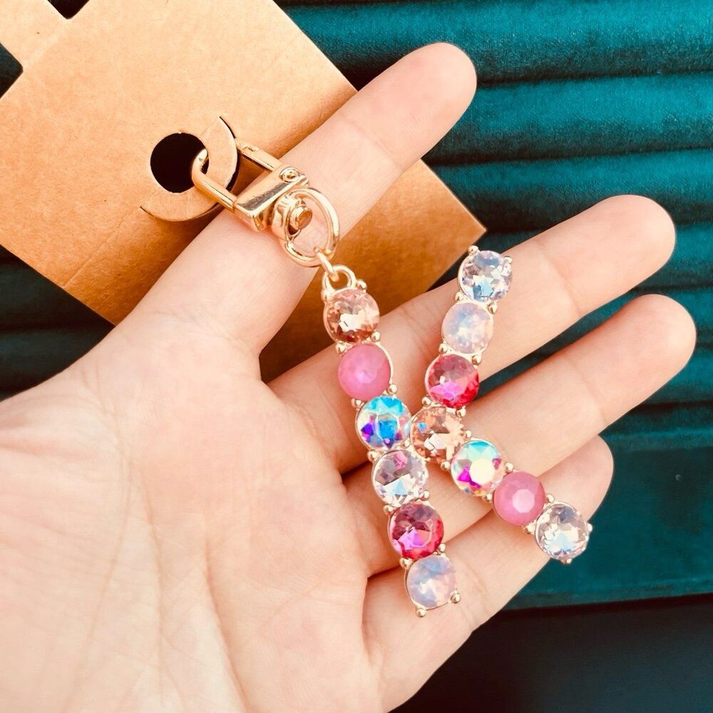 Rhinestone Letter “K” Keychain Bag Charm – Pink & Iridescent Crystals - Picture 2 of 10